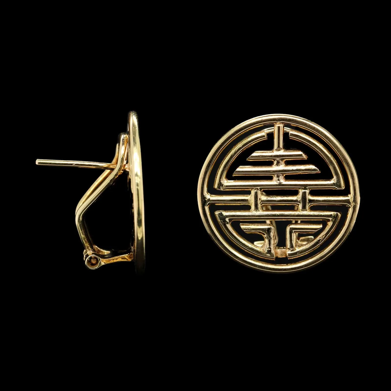 18K Yellow Gold Estate Chinese Happiness Symbol Earrings