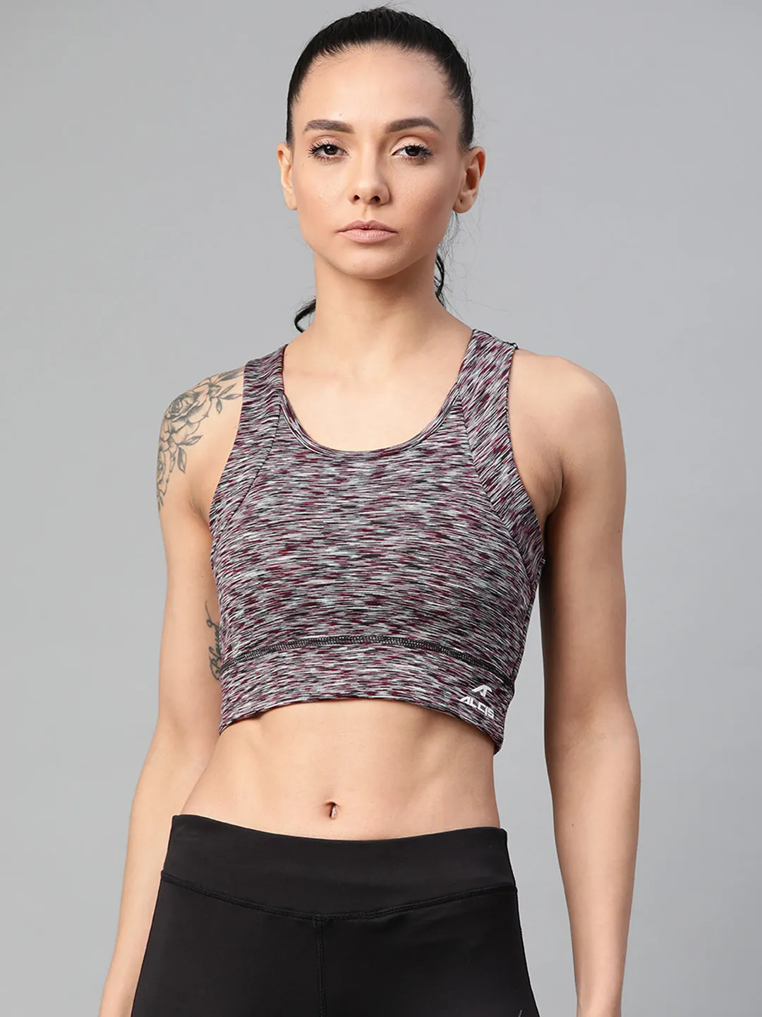 Alcis Grey & Red Self Design Non-Wired Removable Padding Workout Bra