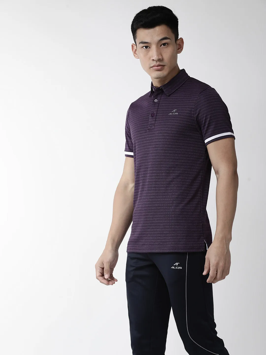 Alcis Men Aubergine Self Striped Polo Collar Outdoor T-shirt