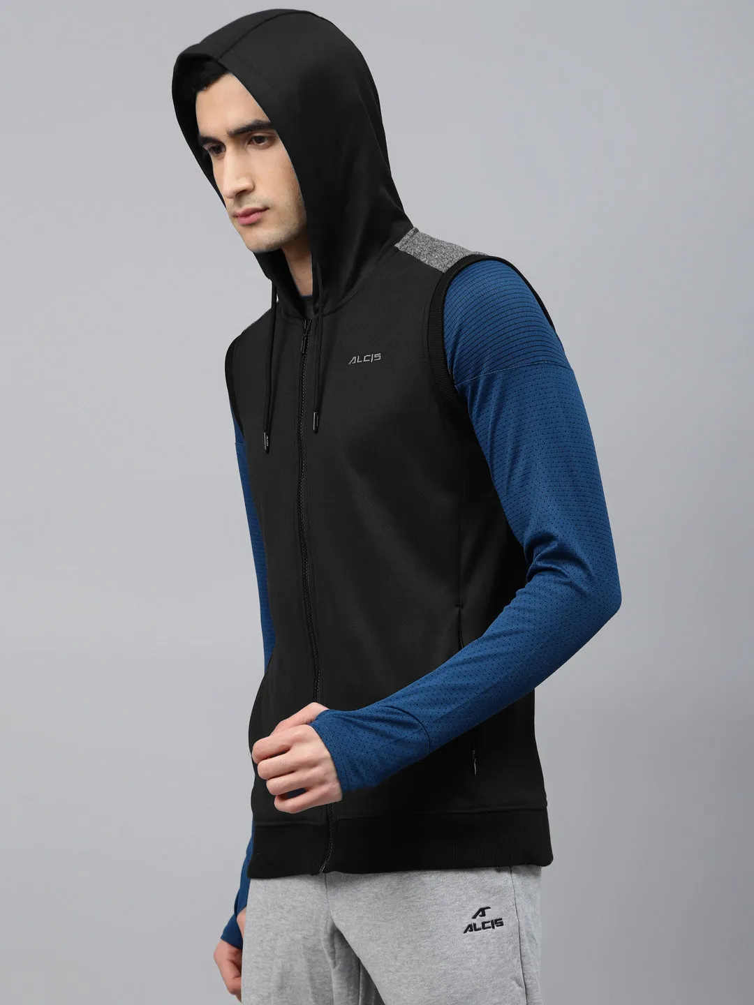 Alcis Men Black Solid Hooded Front-Open Sweatshirt