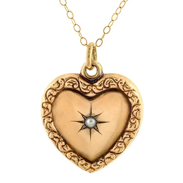 Antique Pearl Heart Pendant Necklace