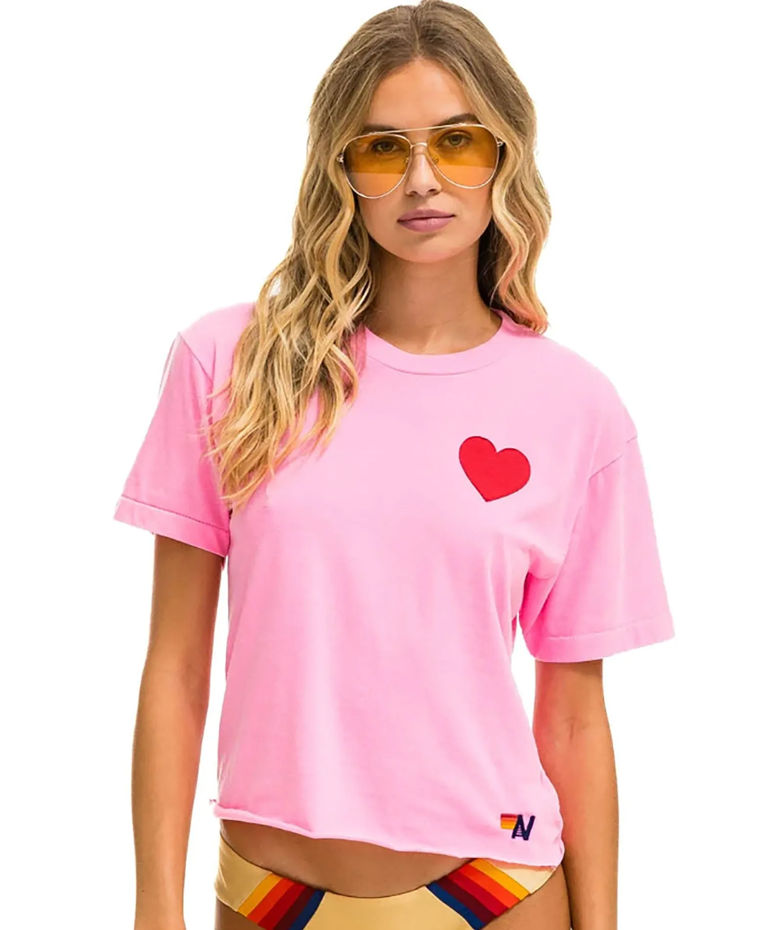 Aviator Nation Women Heart Stitch Boyfriend Tee Neon Pink