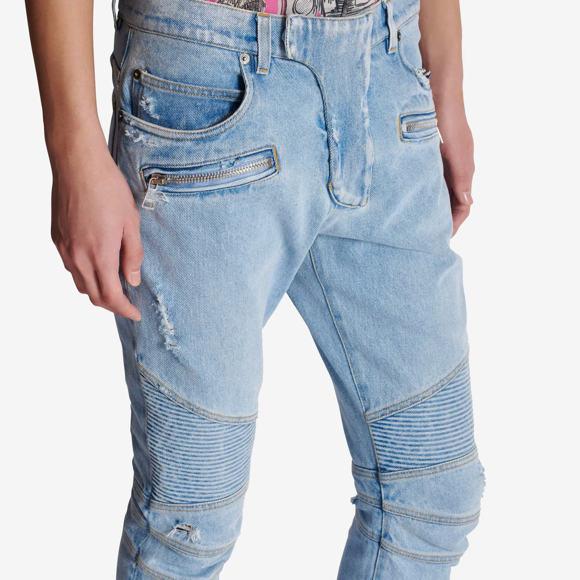 Balmain Skinny Light Blue Denim Biker Jeans