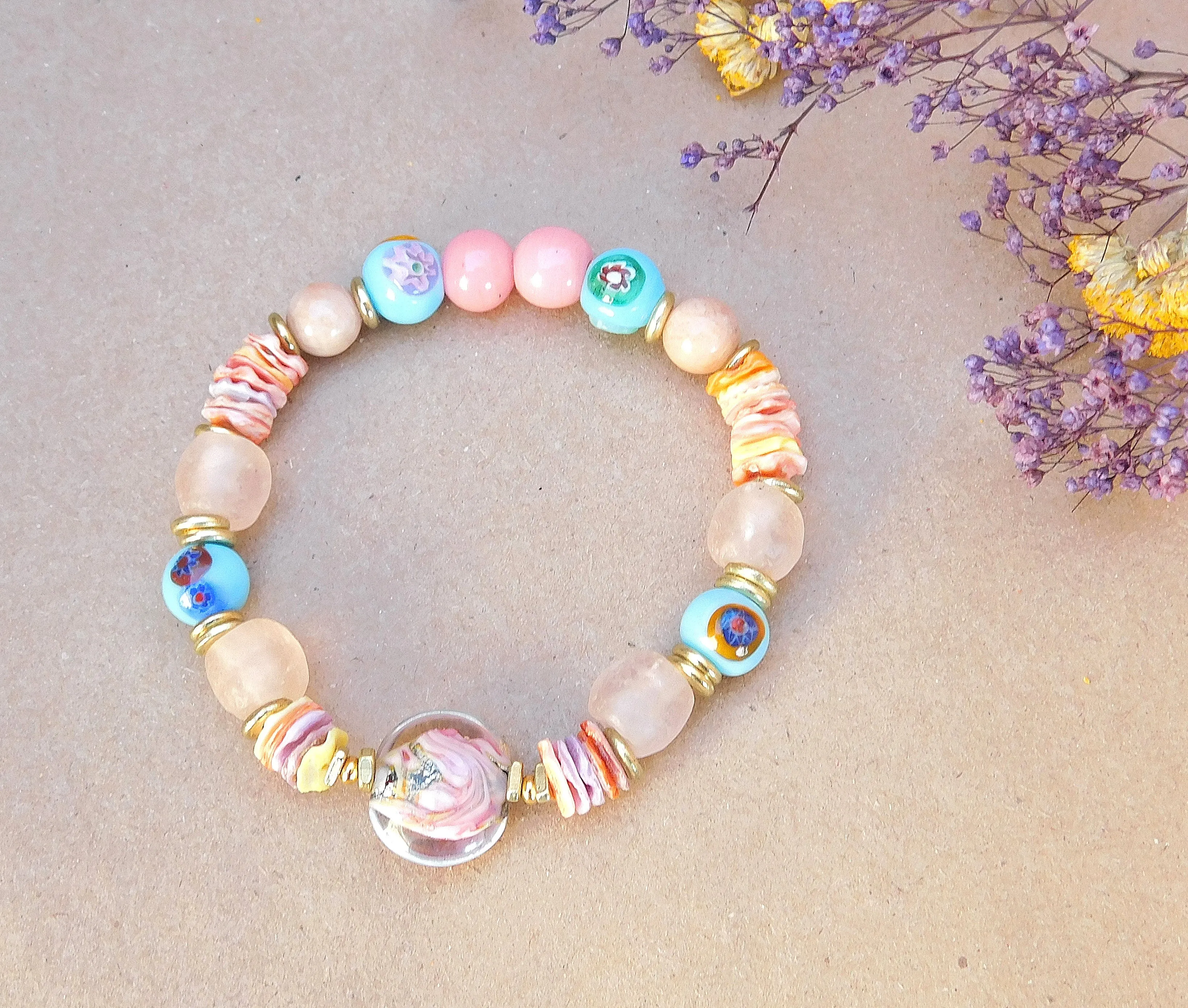 Beautiful Lampwork and Recycled Glass Bead Bracelet