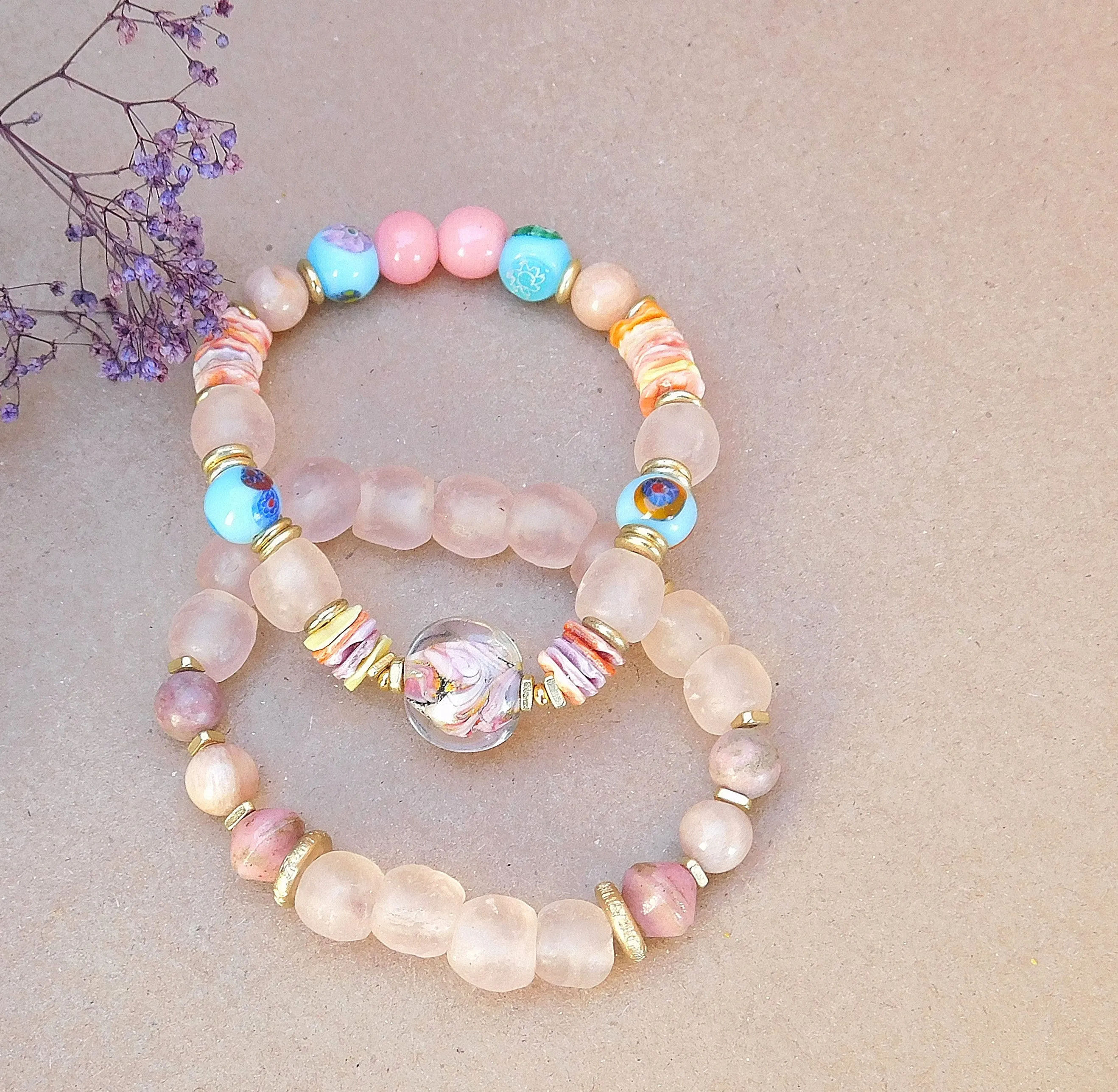 Beautiful Lampwork and Recycled Glass Bead Bracelet