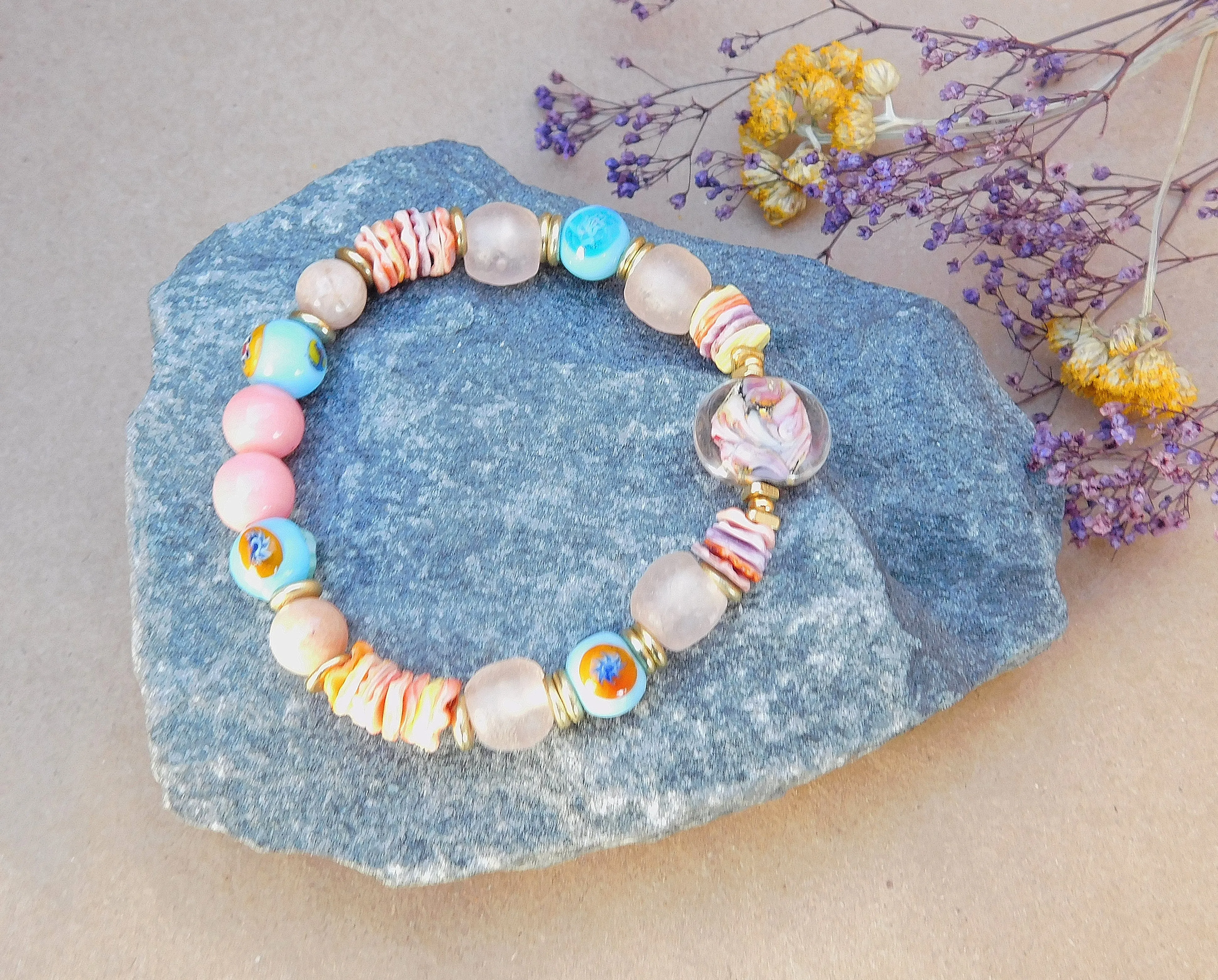 Beautiful Lampwork and Recycled Glass Bead Bracelet