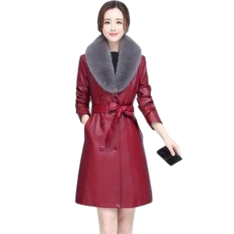 BELLA Design Women's Fine Fashion Luxury Designer Leather Red Plush Fur Coat Jacket