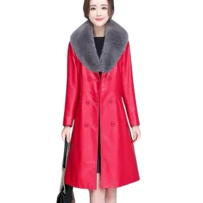 BELLA Design Women's Fine Fashion Luxury Designer Leather Red Plush Fur Coat Jacket