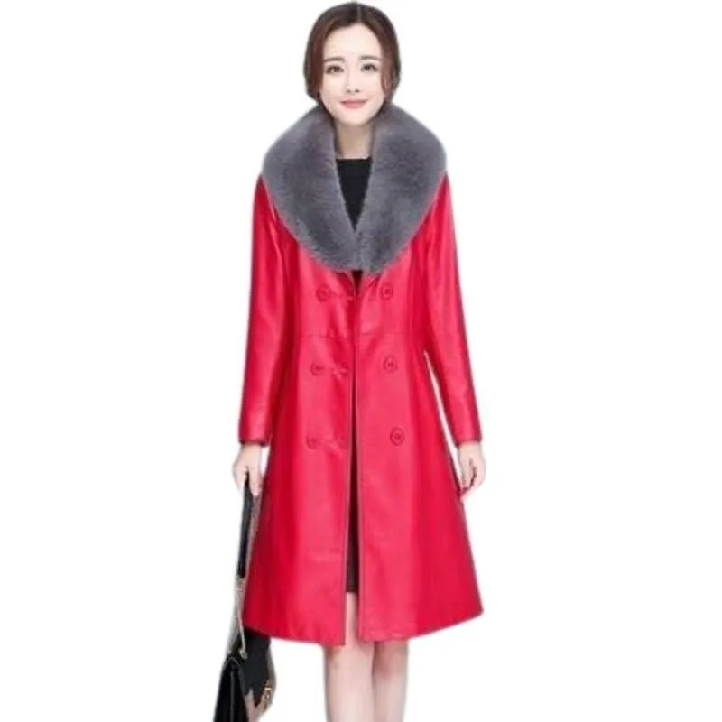 BELLA Design Women's Fine Fashion Luxury Designer Leather Red Plush Fur Coat Jacket