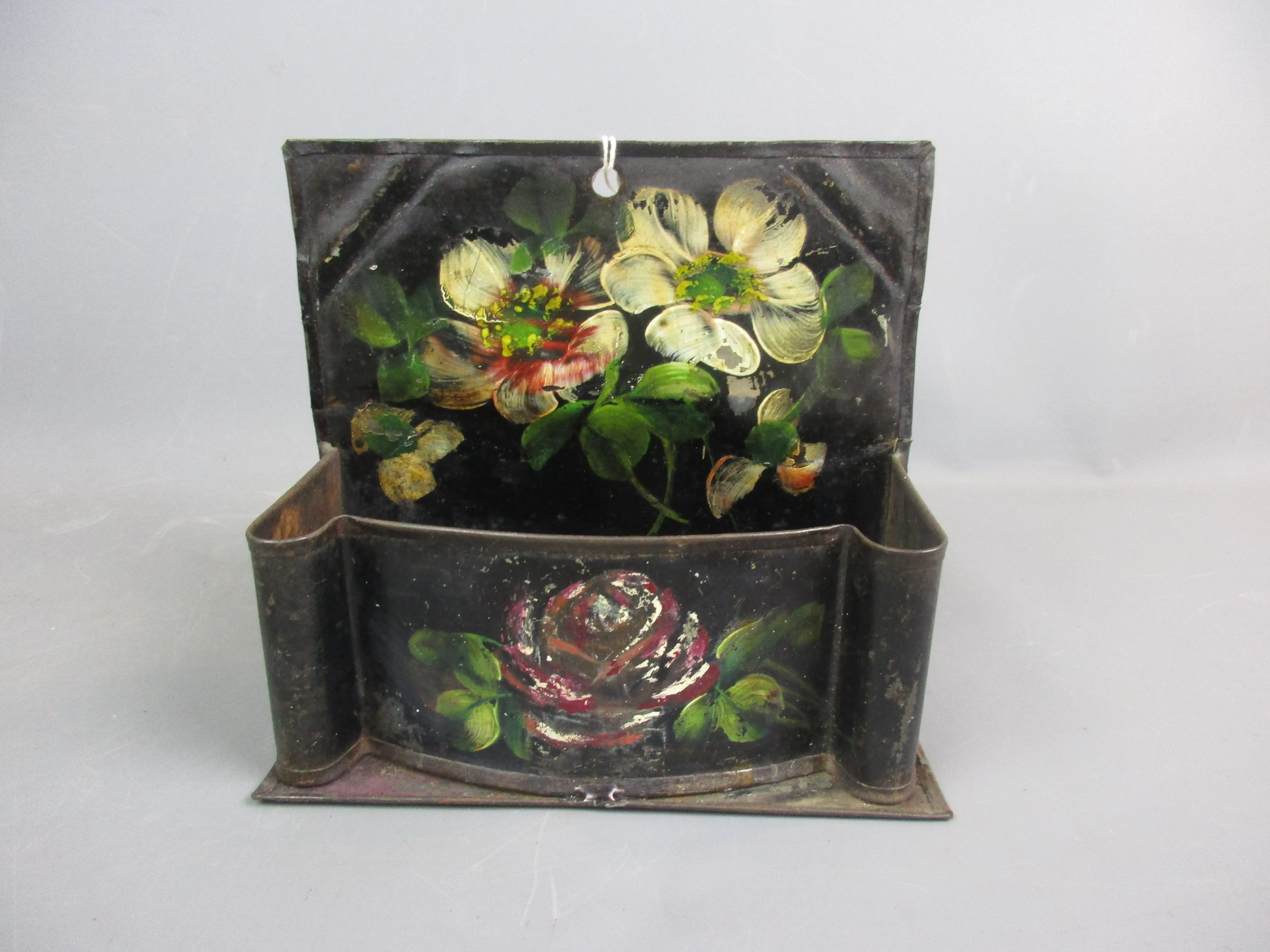 Black Toleware Hand Painted Floral Design Wall Pocket Vintage c1950