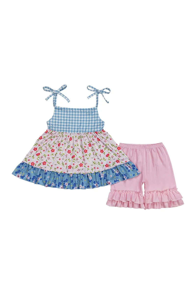 Blue plaid floral print tiered strap girl set