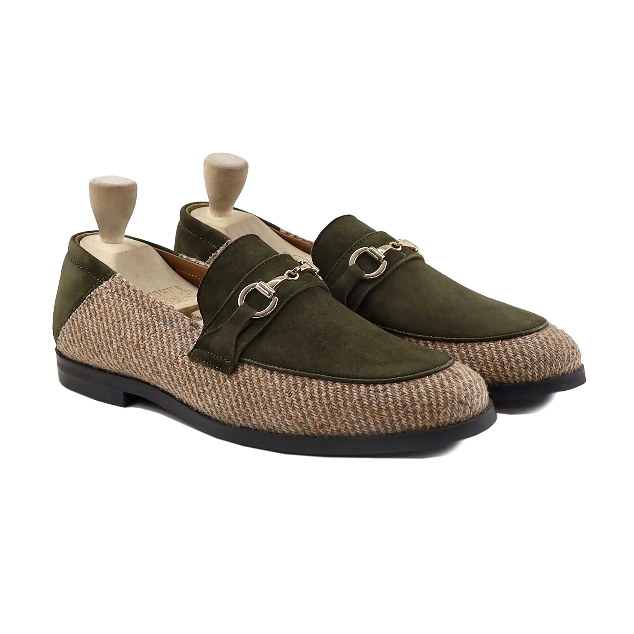 Bria - Men's Olive Green Kid Suede and Tweed Loafer