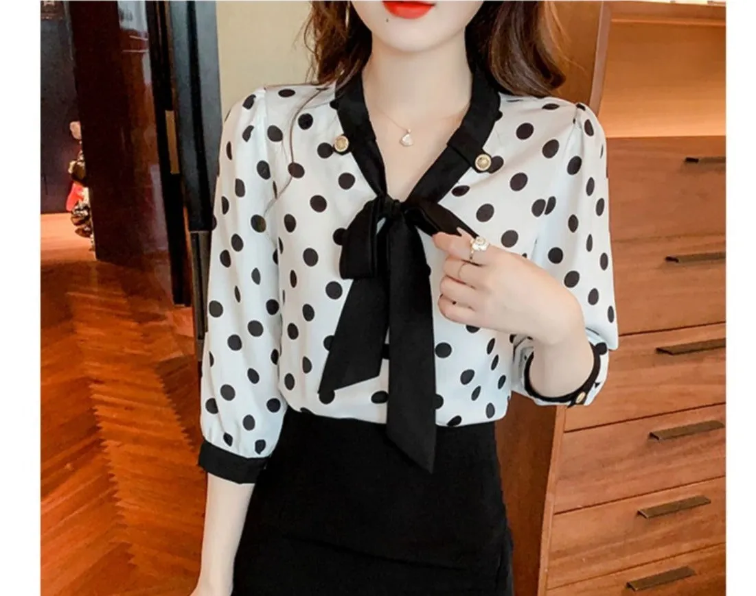 CARA Design Women's Fashion Stylish Polka Dots Chiffon Blouse Top