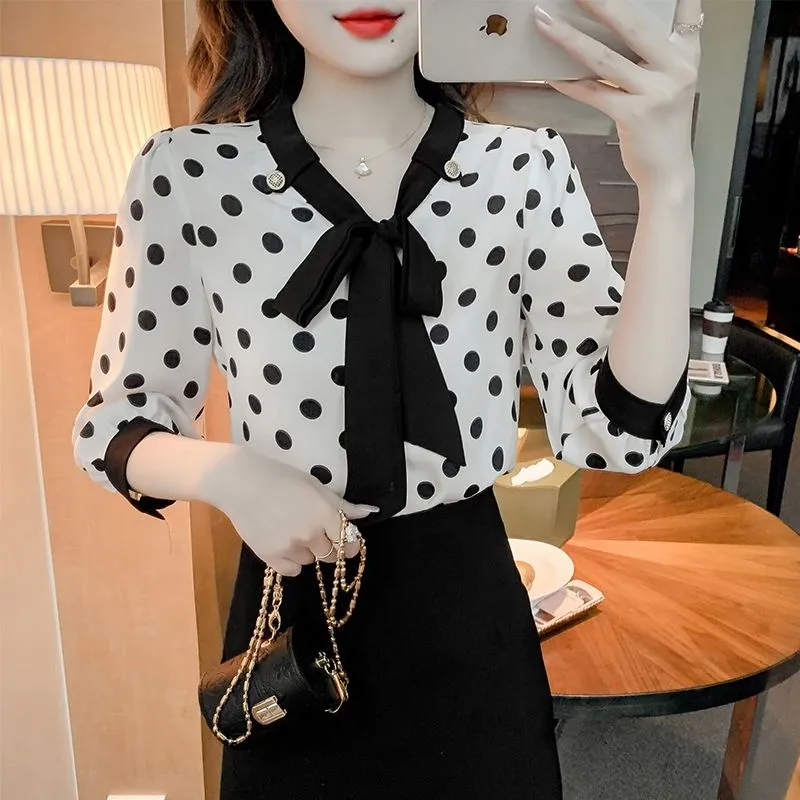 CARA Design Women's Fashion Stylish Polka Dots Chiffon Blouse Top