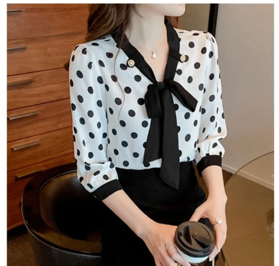 CARA Design Women's Fashion Stylish Polka Dots Chiffon Blouse Top