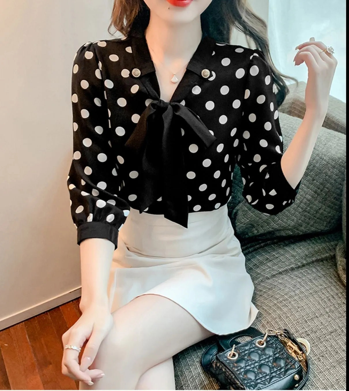 CARA Design Women's Fashion Stylish Polka Dots Chiffon Blouse Top