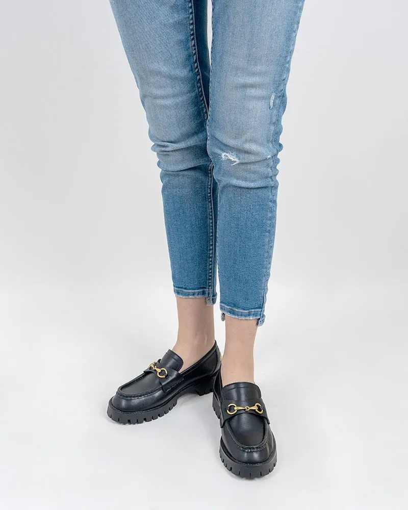 Classic Metal Buckle Bee Embroidery Platform Leather Loafers