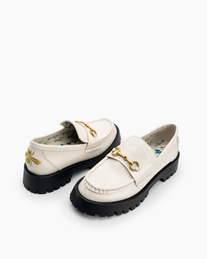 Classic Metal Buckle Bee Embroidery Platform Leather Loafers