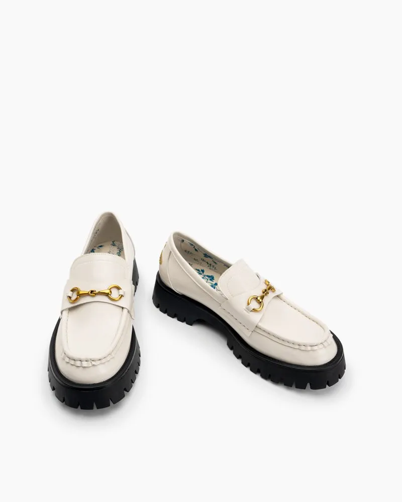 Classic Metal Buckle Bee Embroidery Platform Leather Loafers