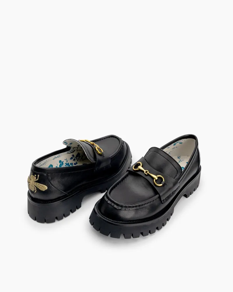 Classic Metal Buckle Bee Embroidery Platform Leather Loafers