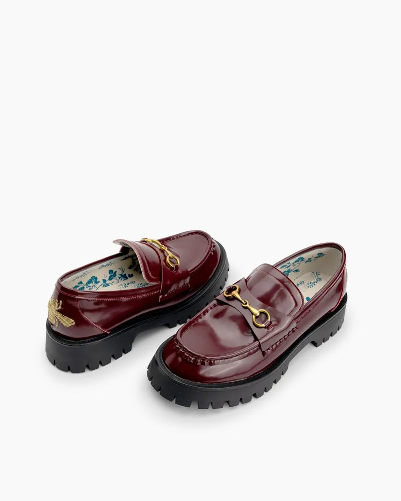 Classic Metal Buckle Bee Embroidery Platform Leather Loafers