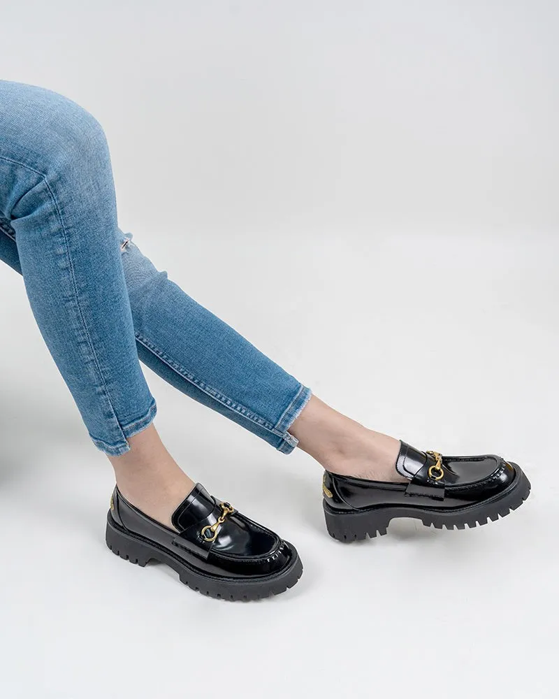 Classic Metal Buckle Bee Embroidery Platform Leather Loafers