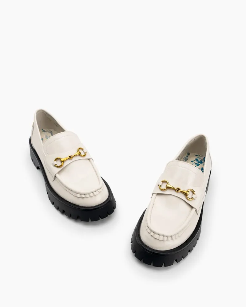 Classic Metal Buckle Bee Embroidery Platform Leather Loafers