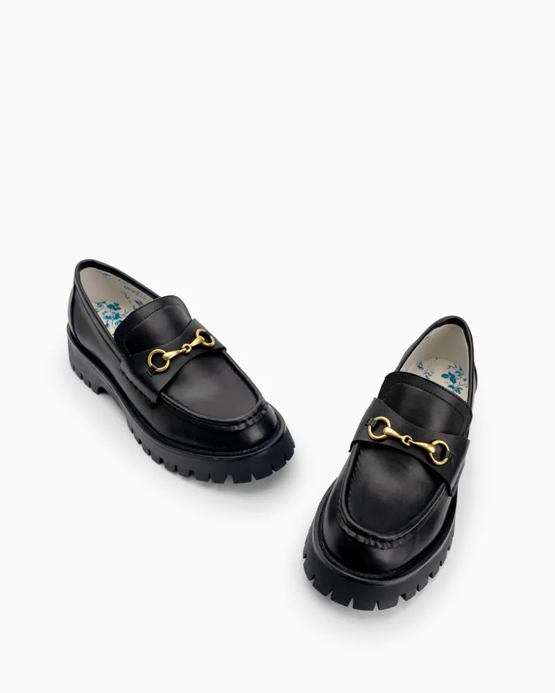 Classic Metal Buckle Bee Embroidery Platform Leather Loafers