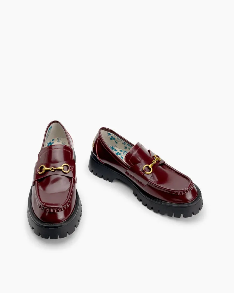 Classic Metal Buckle Bee Embroidery Platform Leather Loafers