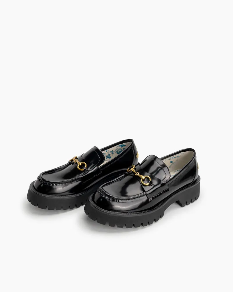 Classic Metal Buckle Bee Embroidery Platform Leather Loafers