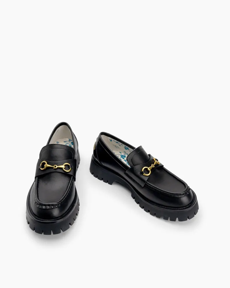 Classic Metal Buckle Bee Embroidery Platform Leather Loafers