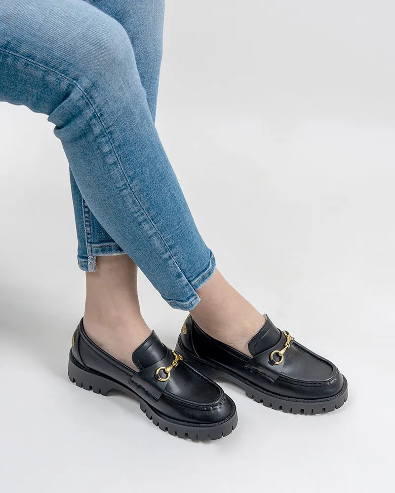 Classic Metal Buckle Bee Embroidery Platform Leather Loafers