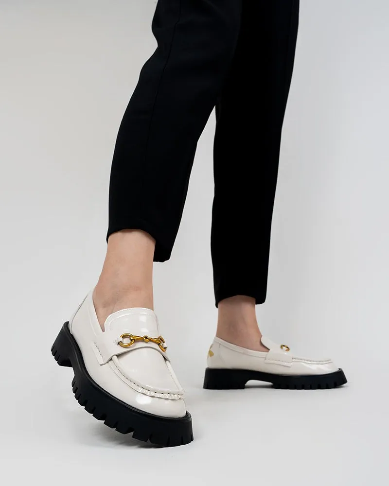 Classic Metal Buckle Bee Embroidery Platform Leather Loafers