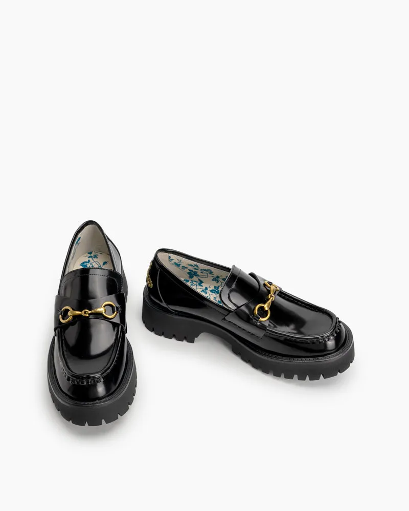 Classic Metal Buckle Bee Embroidery Platform Leather Loafers