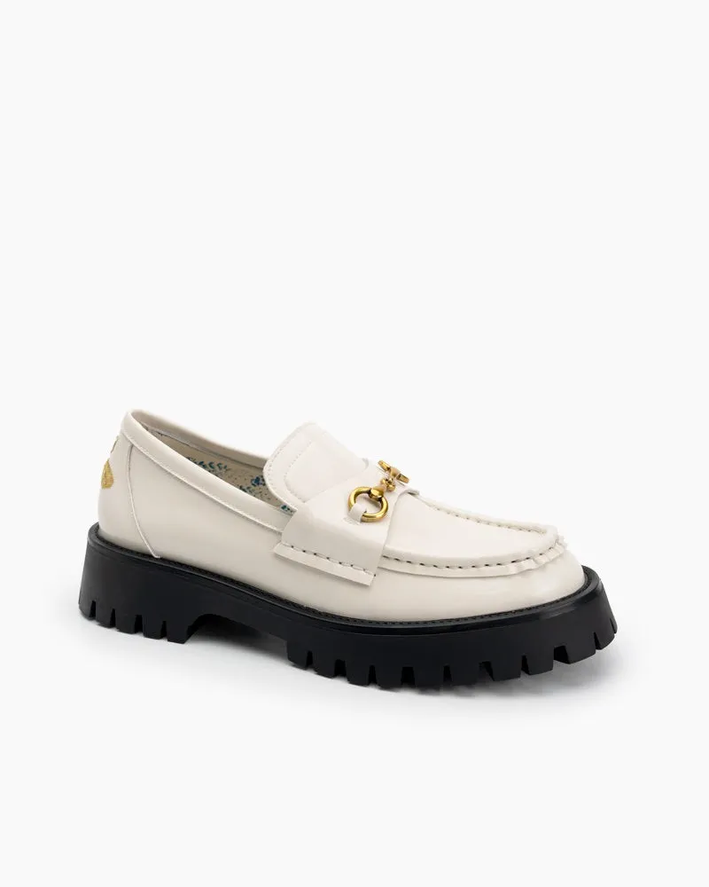 Classic Metal Buckle Bee Embroidery Platform Leather Loafers