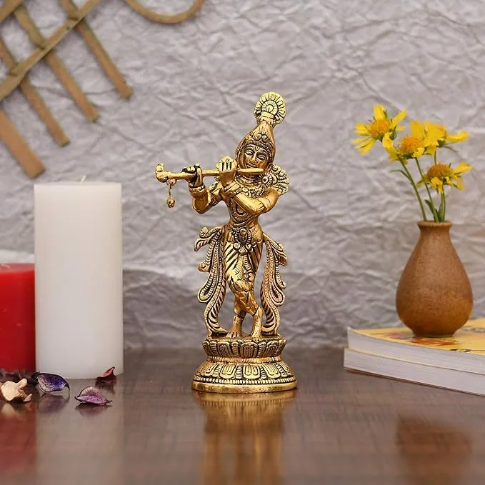 Craftemporio Gold Plated Flute Playing Lord Krishna Idol