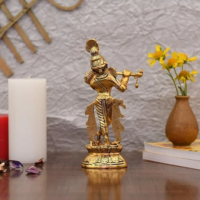 Craftemporio Gold Plated Flute Playing Lord Krishna Idol