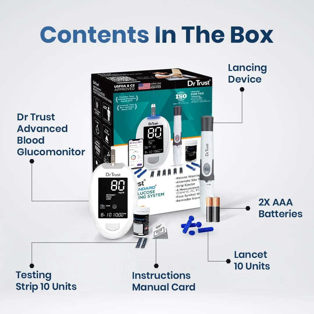 Dr Trust USA Platinum Blood Glucose Monitoring Device - 9002 I Digital Machine For Accurate Sugar Levels Testing At Home I Easy To Use Blood Sugar Testing Kit With FREE 10 Strips, 10 Lancets   1 Lancing Device