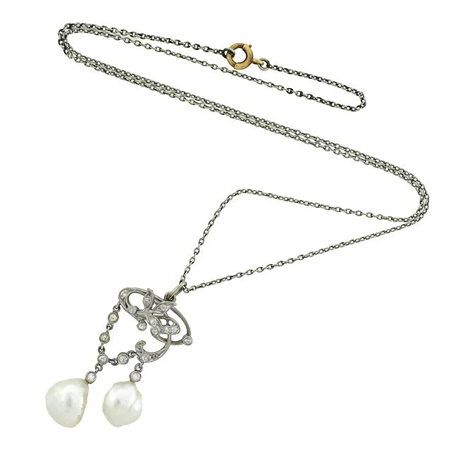 Edwardian Platinum/14kt Diamond & Pearl Lavalier Necklace