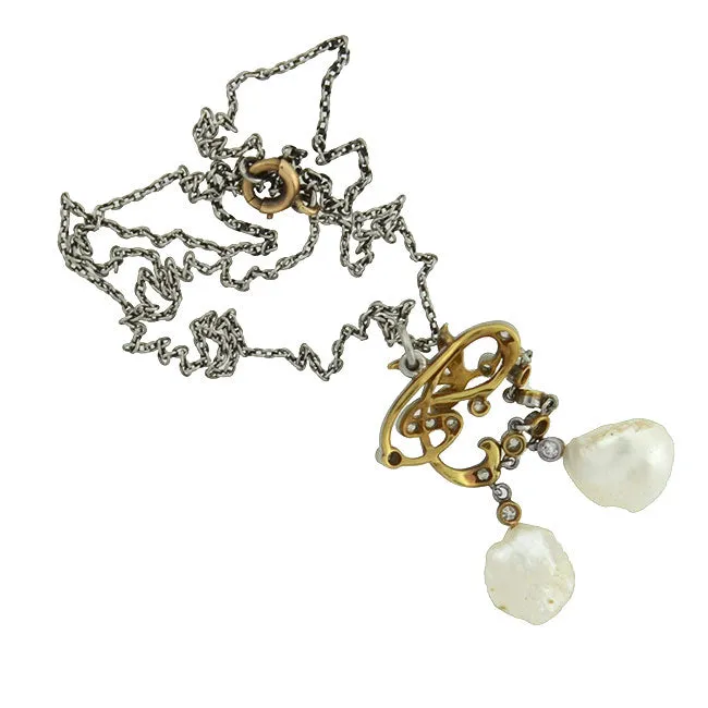 Edwardian Platinum/14kt Diamond & Pearl Lavalier Necklace