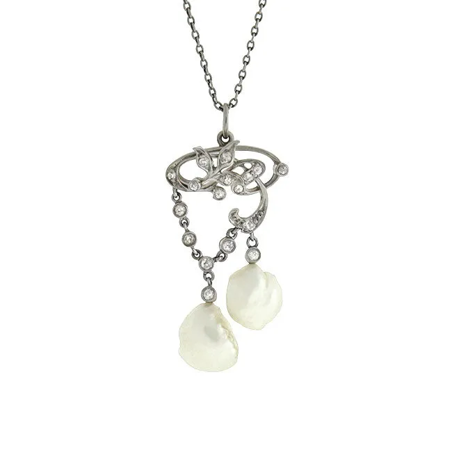 Edwardian Platinum/14kt Diamond & Pearl Lavalier Necklace