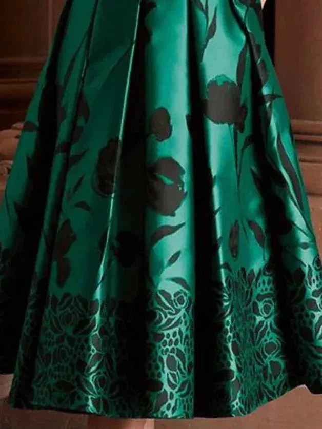 Emerald Green Floral Print Midi Dress with 3/4 Length Sleeves