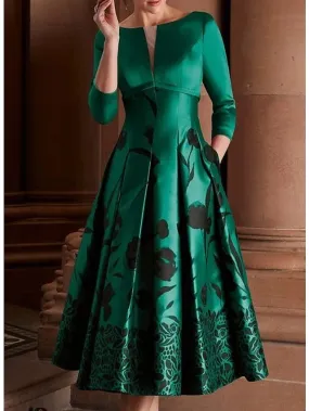 Emerald Green Floral Print Midi Dress with 3/4 Length Sleeves