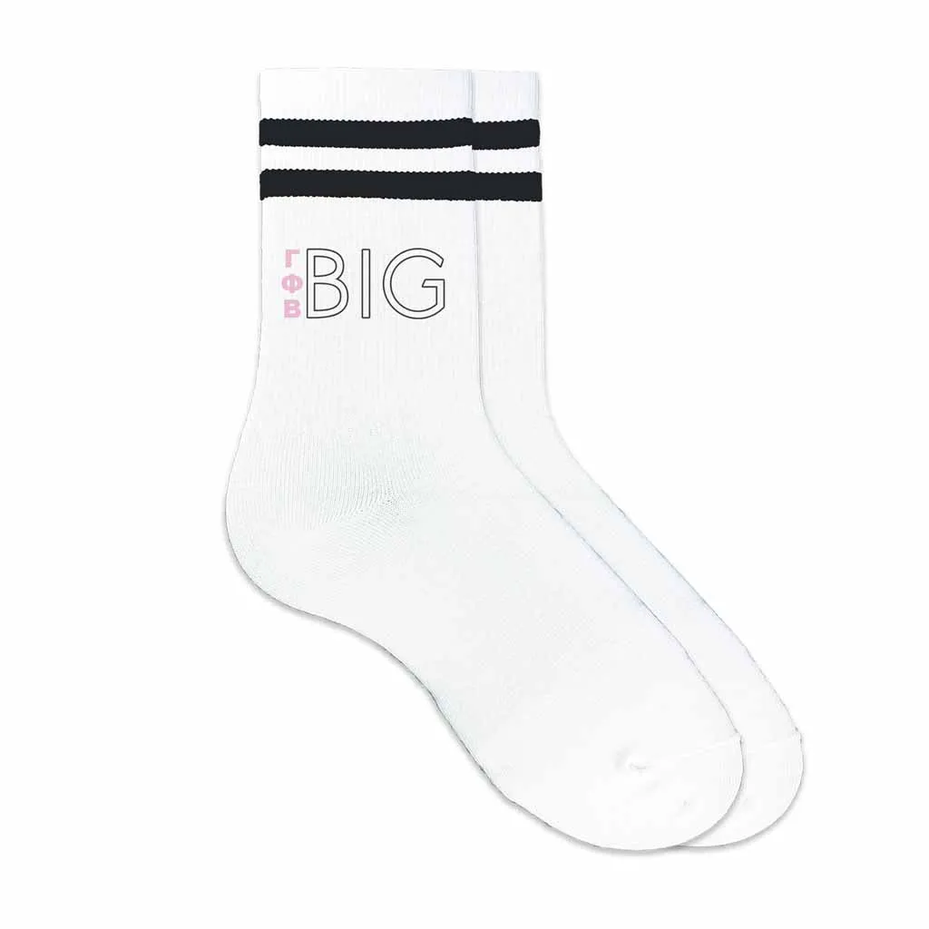 Gamma Phi Beta Sorority Socks for your Big and Little with Greek Letters on Striped Cotton Crew Socks