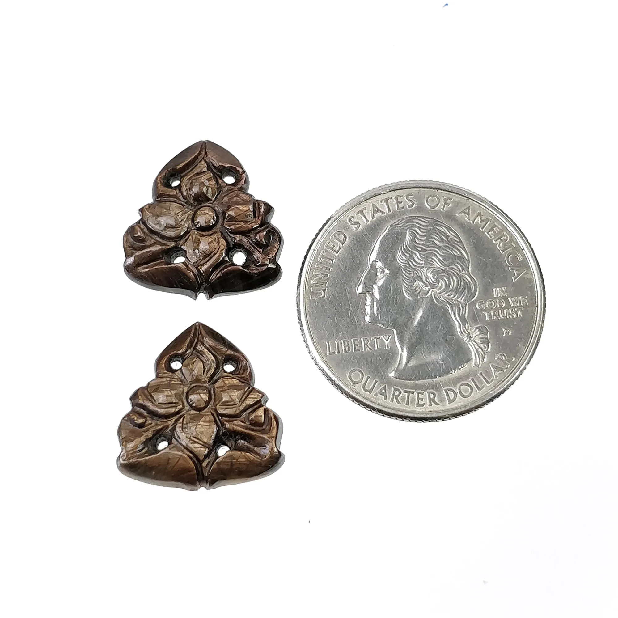 GOLDEN BROWN Chocolate Sheen SAPPHIRE Gemstone Carving : 19.00ct Natural Untreated Sapphire Hand Carved Triangle Shape 16mm Pair