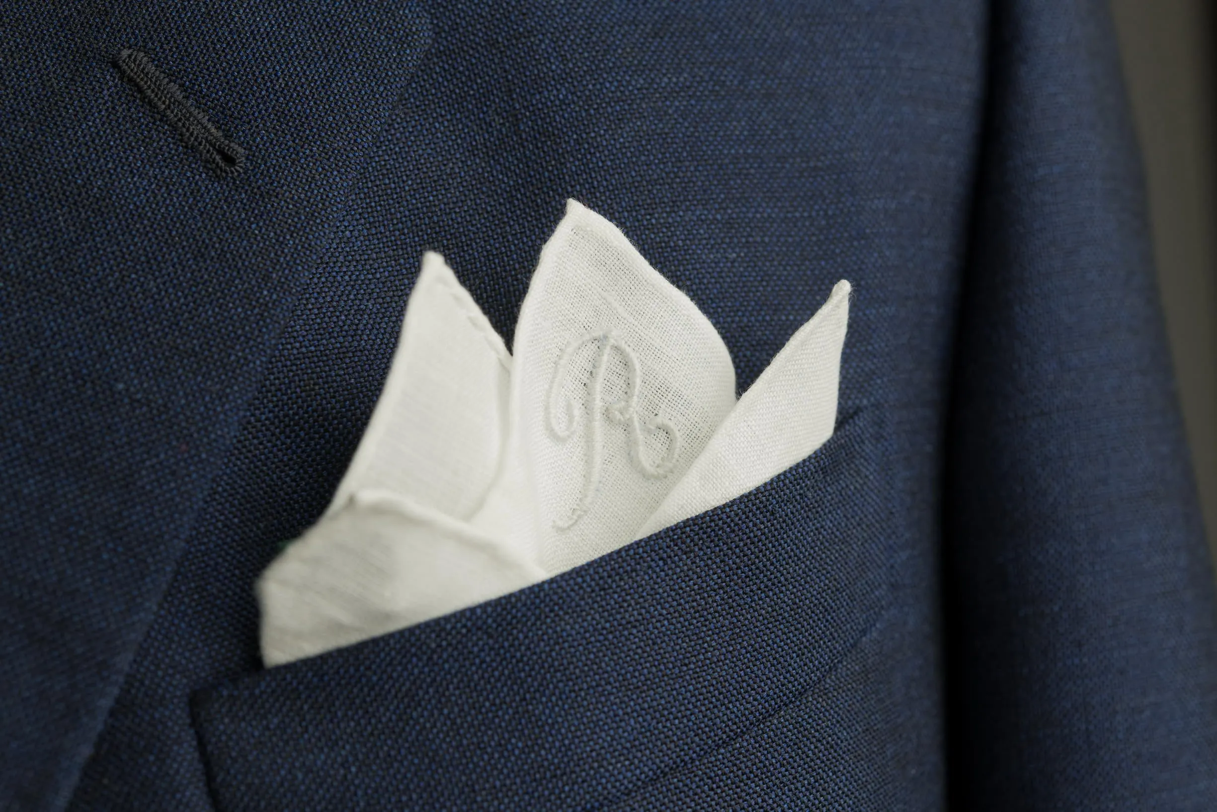 Hand-Embroidered Initial E White Linen Pocket Square