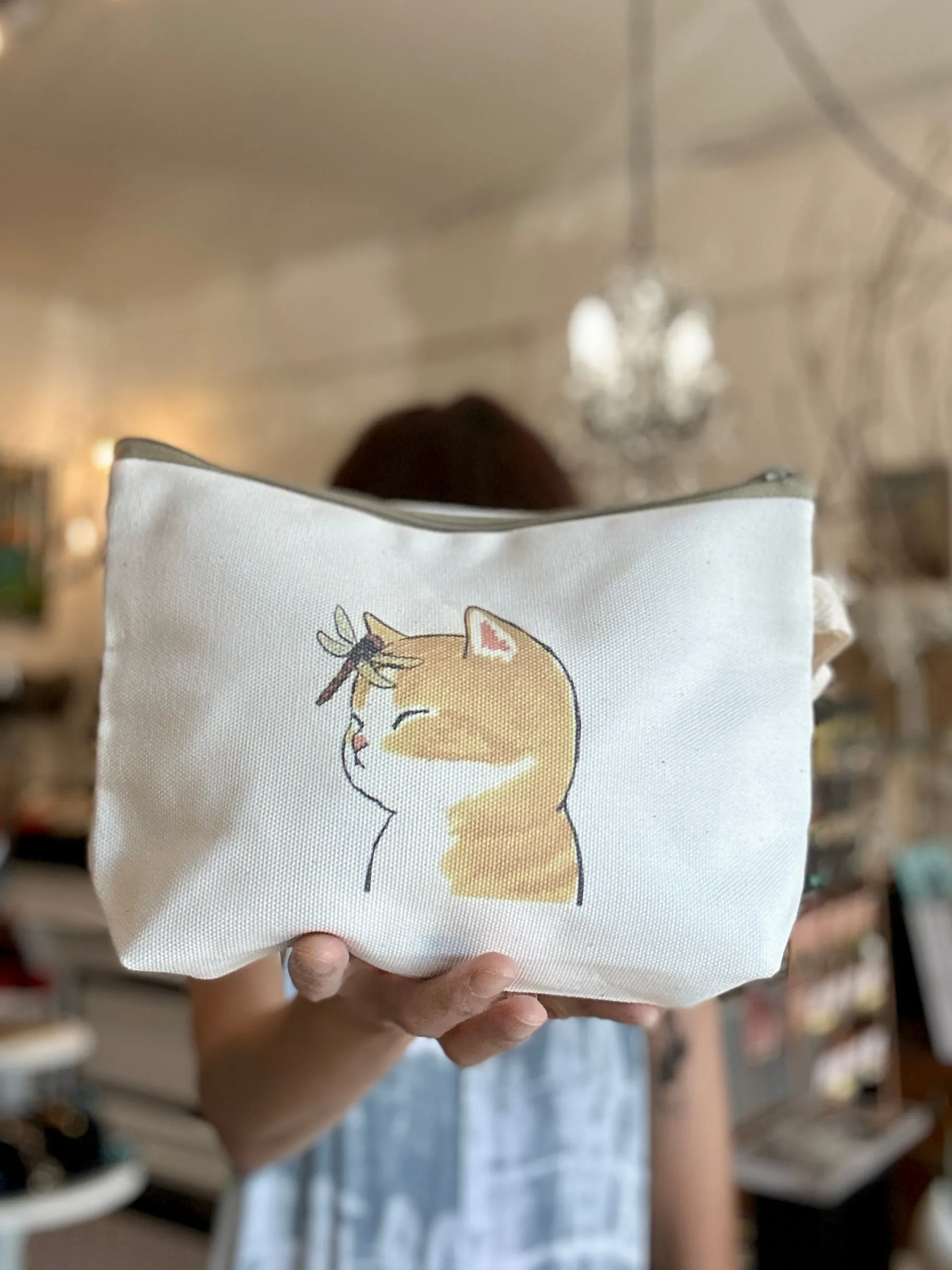 Handmade Canvas Pouch Makeup Zipper Bag w/ Cute Art Print