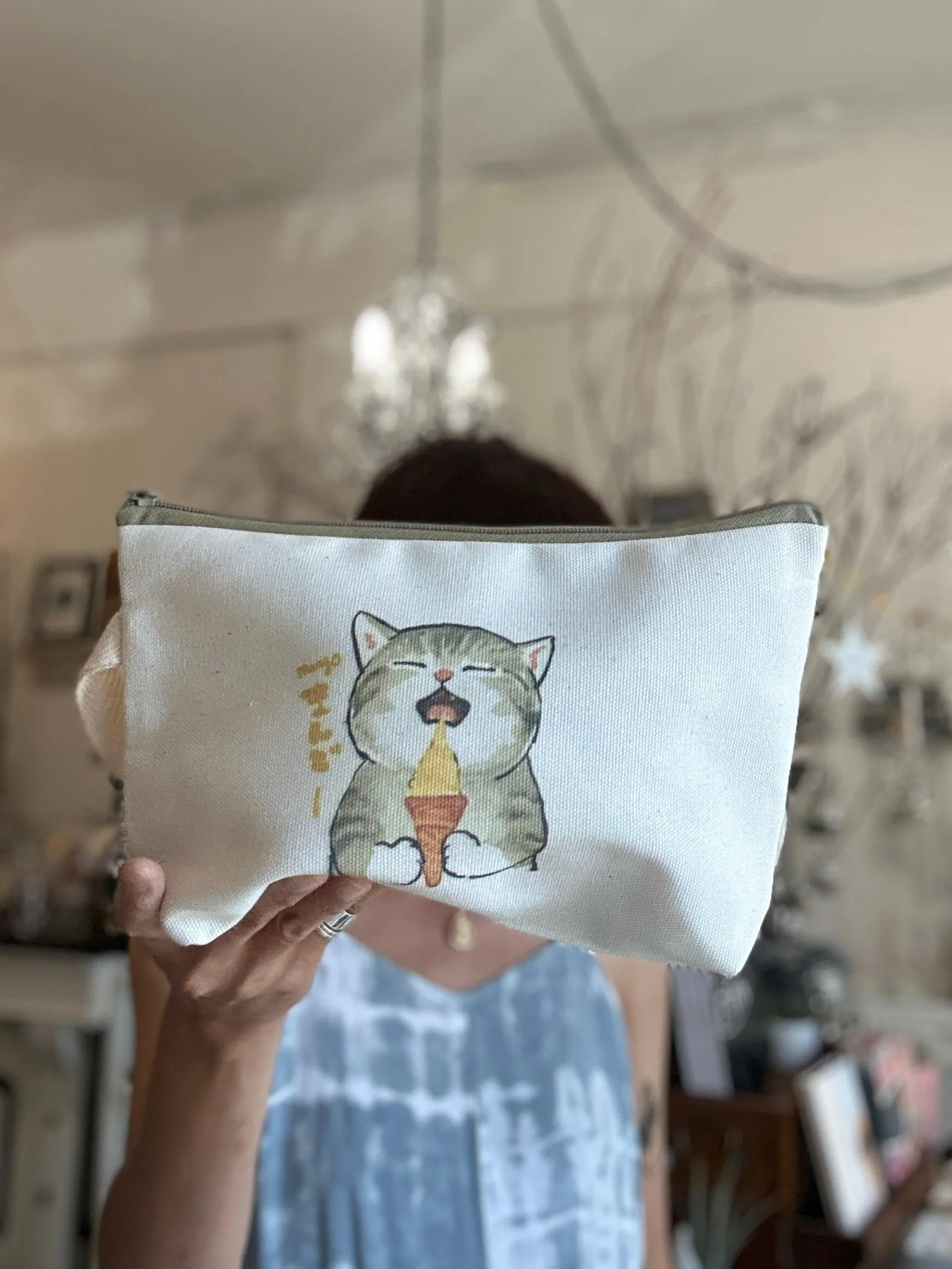 Handmade Canvas Pouch Makeup Zipper Bag w/ Cute Art Print