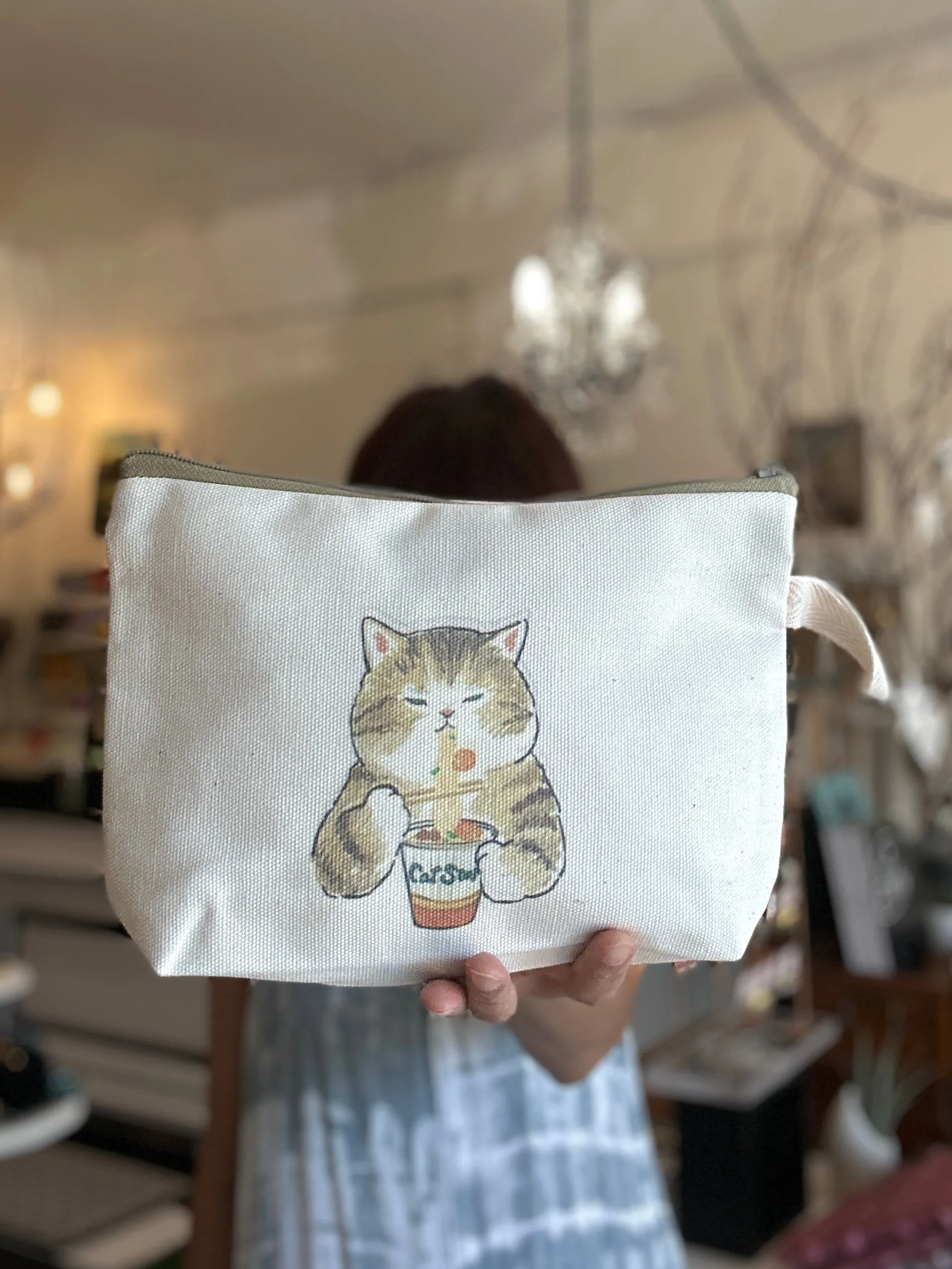 Handmade Canvas Pouch Makeup Zipper Bag w/ Cute Art Print