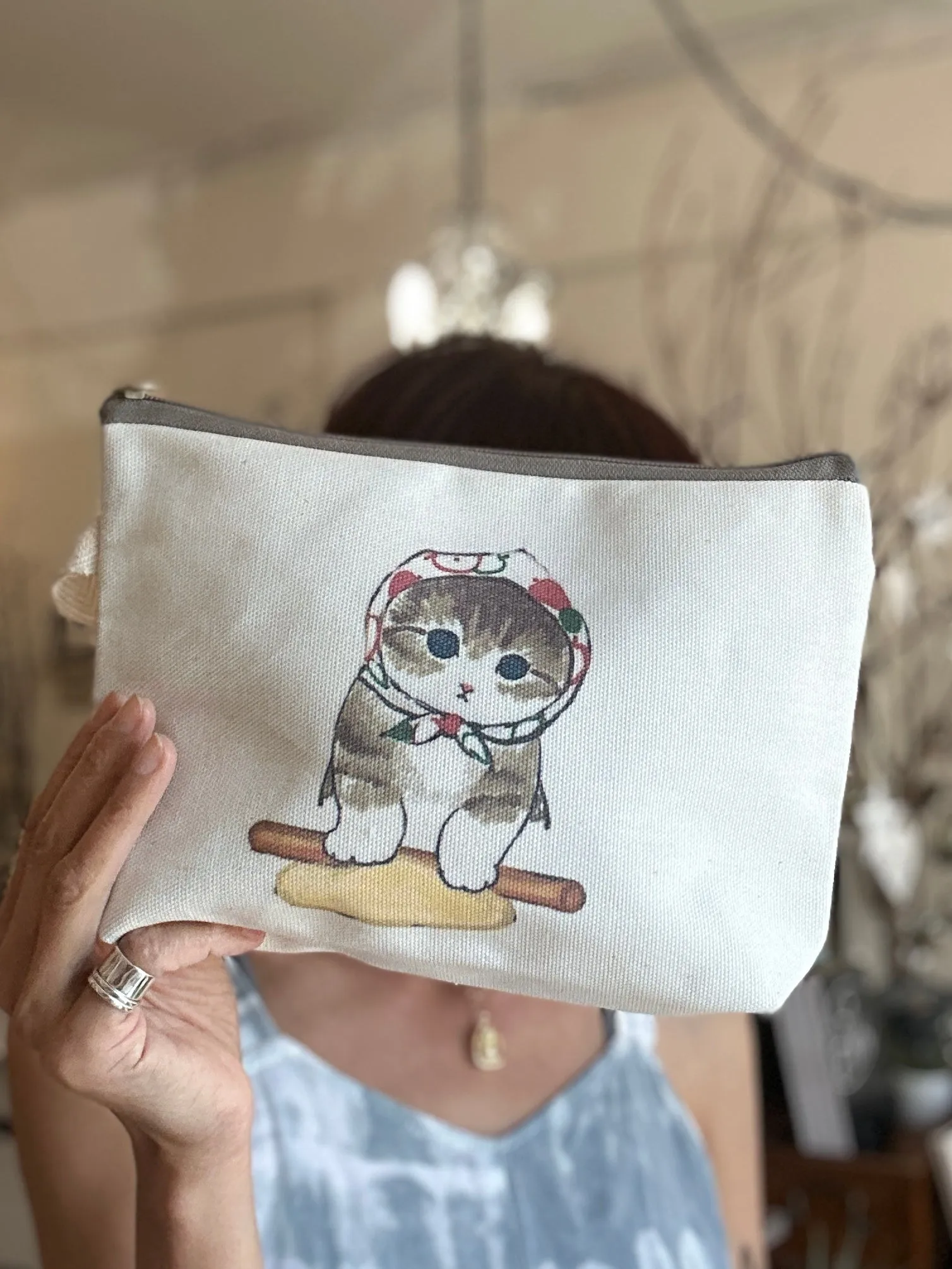 Handmade Canvas Pouch Makeup Zipper Bag w/ Cute Art Print